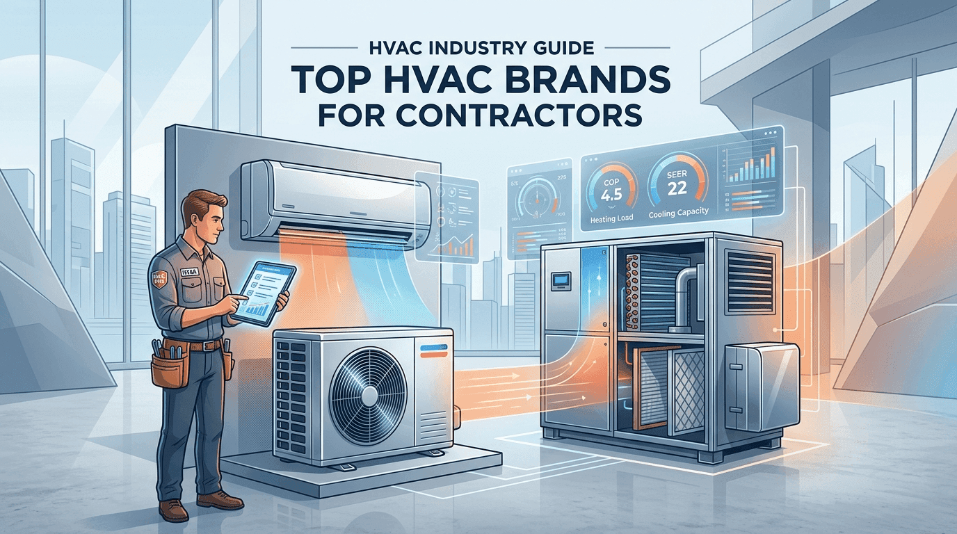 Editorial illustration of HVAC technicians evaluating top equipment brands, diagnostic tools, and heat pump systems