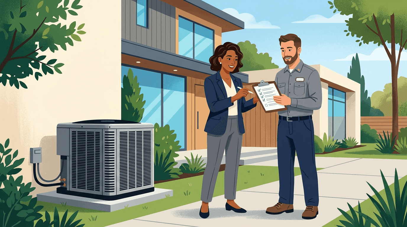 Editorial illustration of contractor vetting dossier with verified state mechanical licensing and insurance badges
