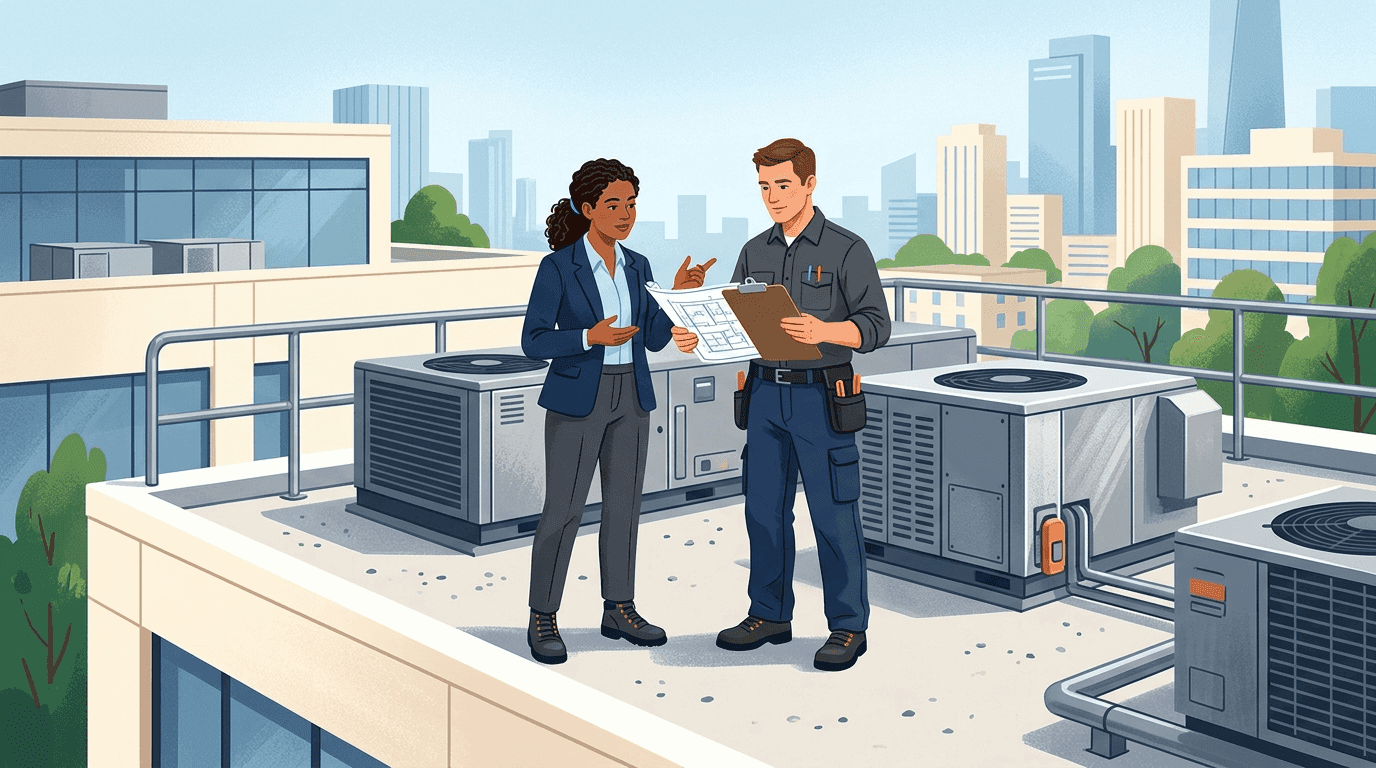 Editorial illustration of commercial rooftop unit RTU replacement with crane rigging, curb adapter, and economizer dampers