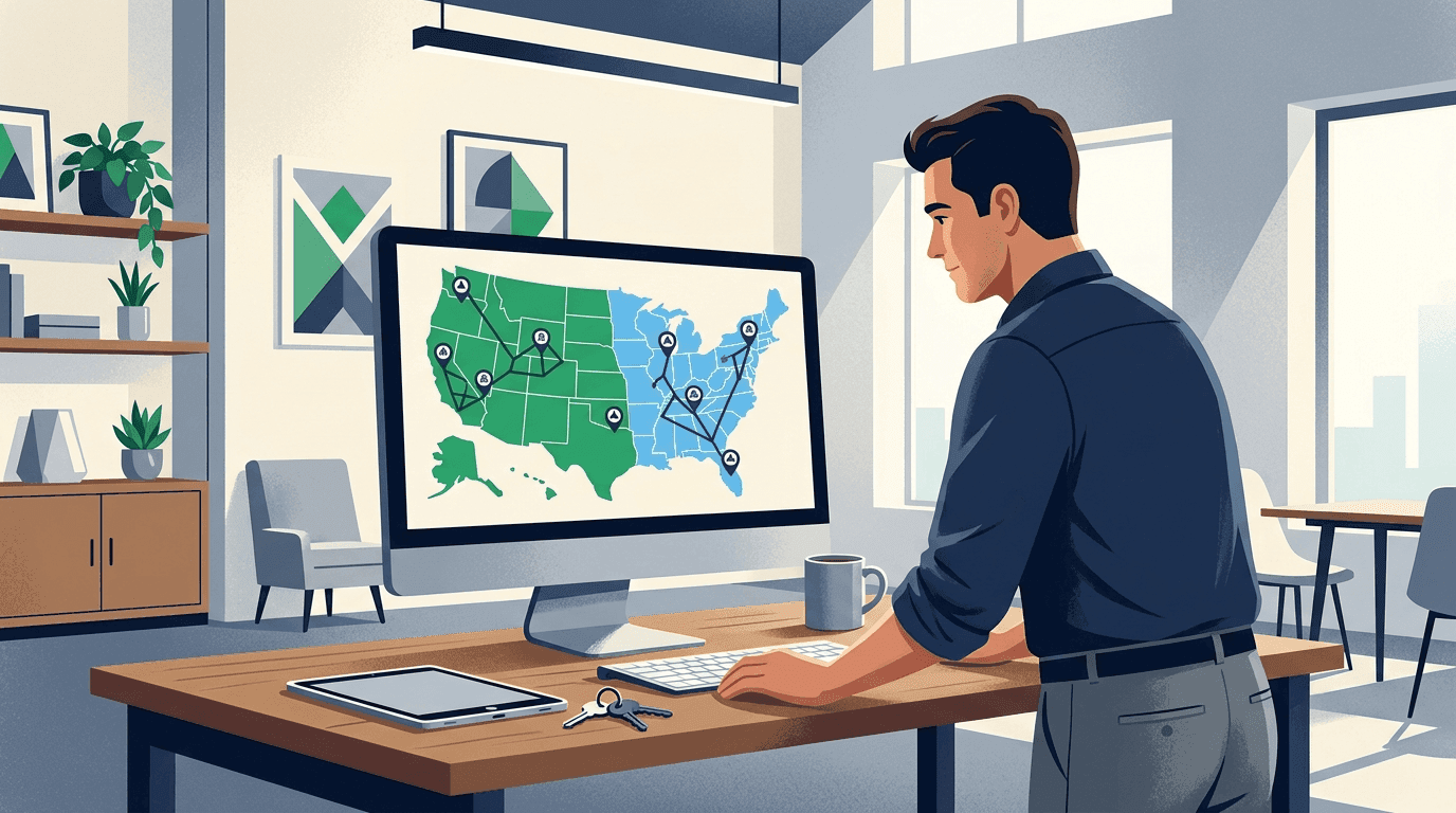 Editorial illustration of HVAC territory service map with drive-time isochrones, dispatch zones, and route clustering
