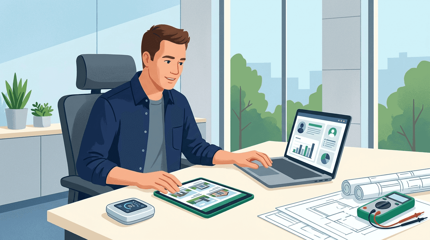 Editorial illustration of high-converting HVAC directory business profile with verified license badge, ratings, and real photo gallery