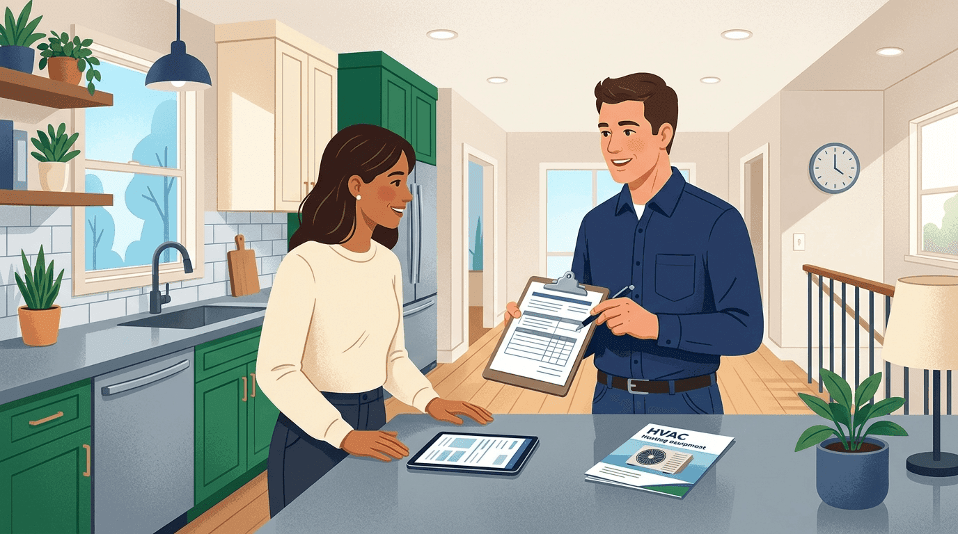 Editorial illustration of multi-tier Good Better Best HVAC proposal document with itemized scope and milestone payment terms