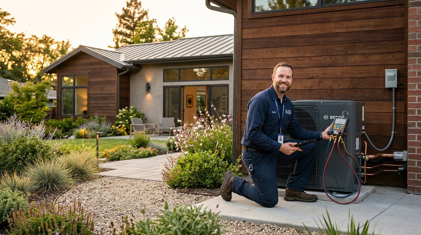 Professional HVAC contractor with outdoor heat pump equipment