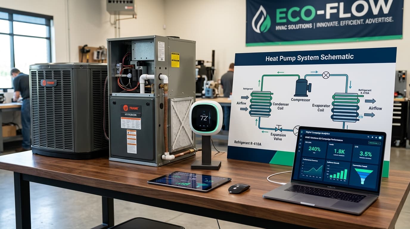 HVAC equipment and campaign analytics arranged for an advertising brief